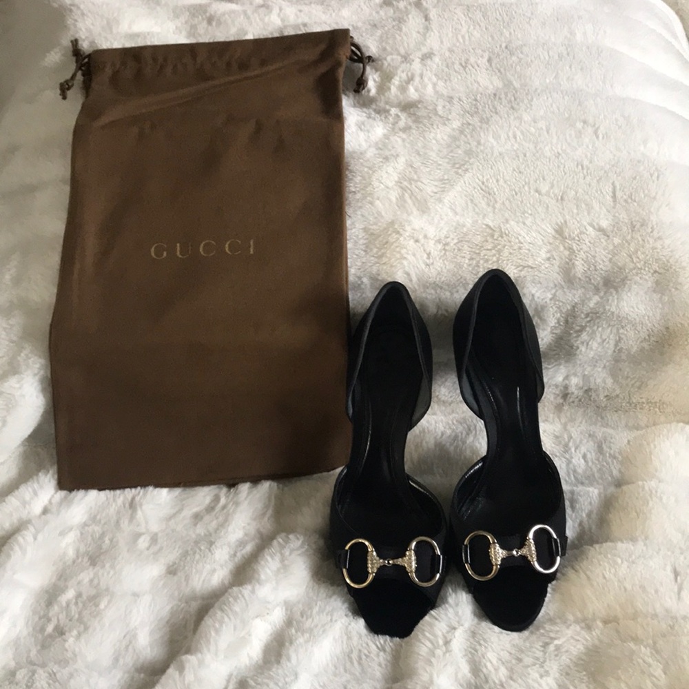Gucci black satin heels with diamond detail 5 1/2